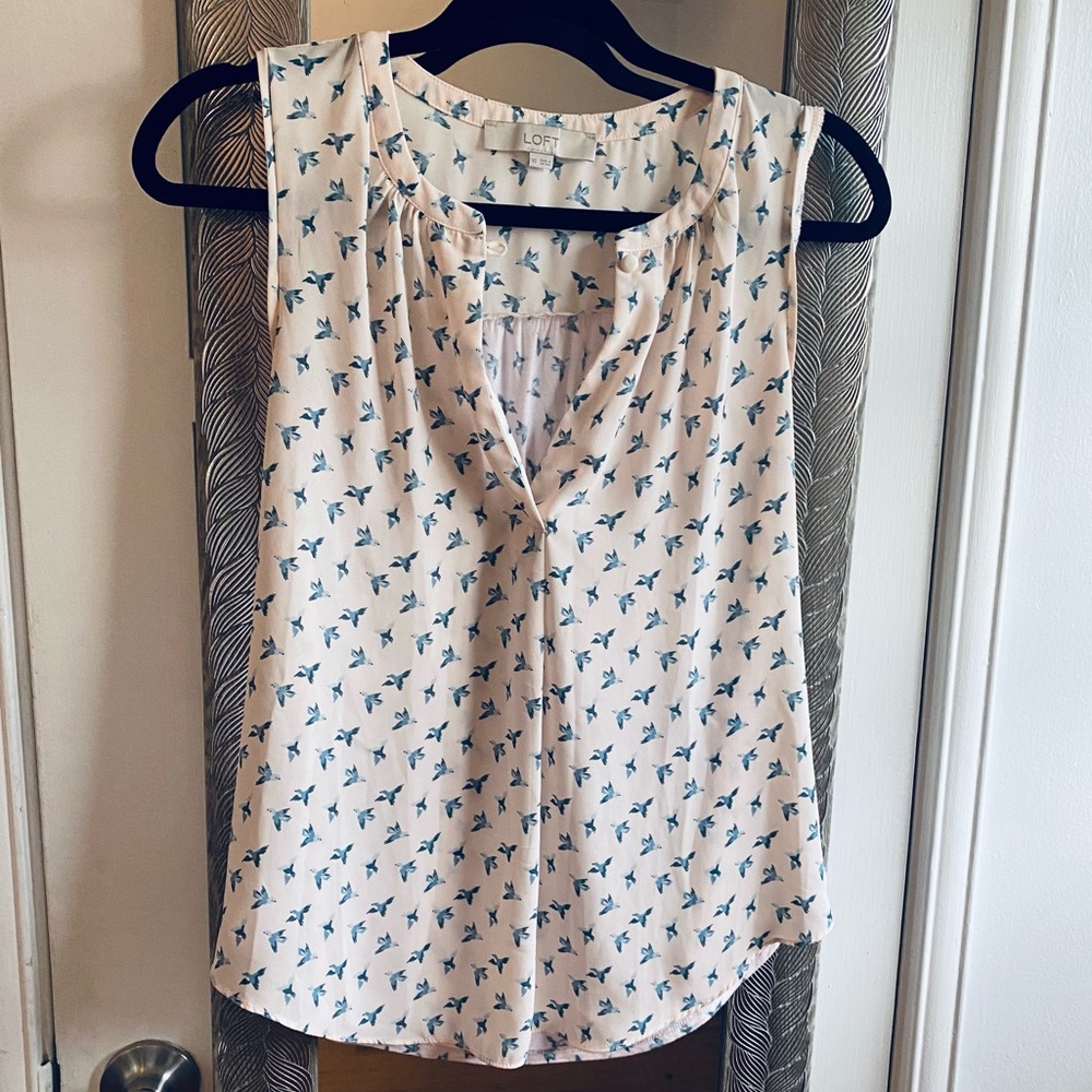 Sleeveless Mixed Media Blouse by LOFT - Pink Blue Birds